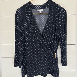 Blue Almost Black Wrap Around Top with Polka Dots and Gold Buckle, Size Large.